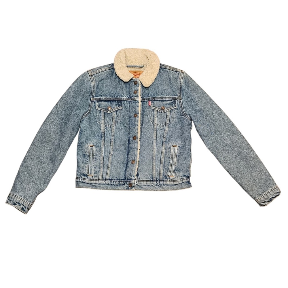 Levi's Sherpa Lined Denim Trucker Jacket Women's Medium Blue Jean Coat Size: XS